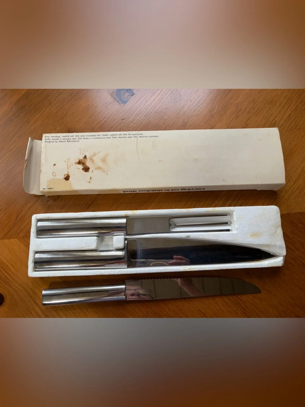 BodaNova 3-piece set: meat knife and fork, and a serrated utility knife.vintage
